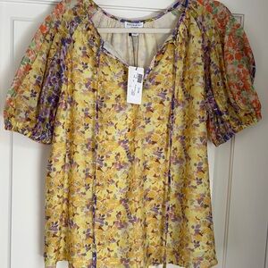 Current Air Yellow and Purple Puff Sleeve Blouse